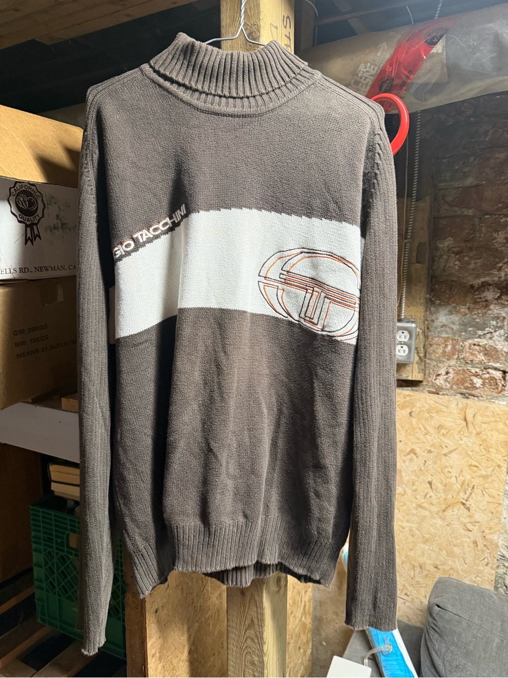 Sergio Tacchini Orion mock neck knitted Sweater  XXL Brown White Y2K VTG